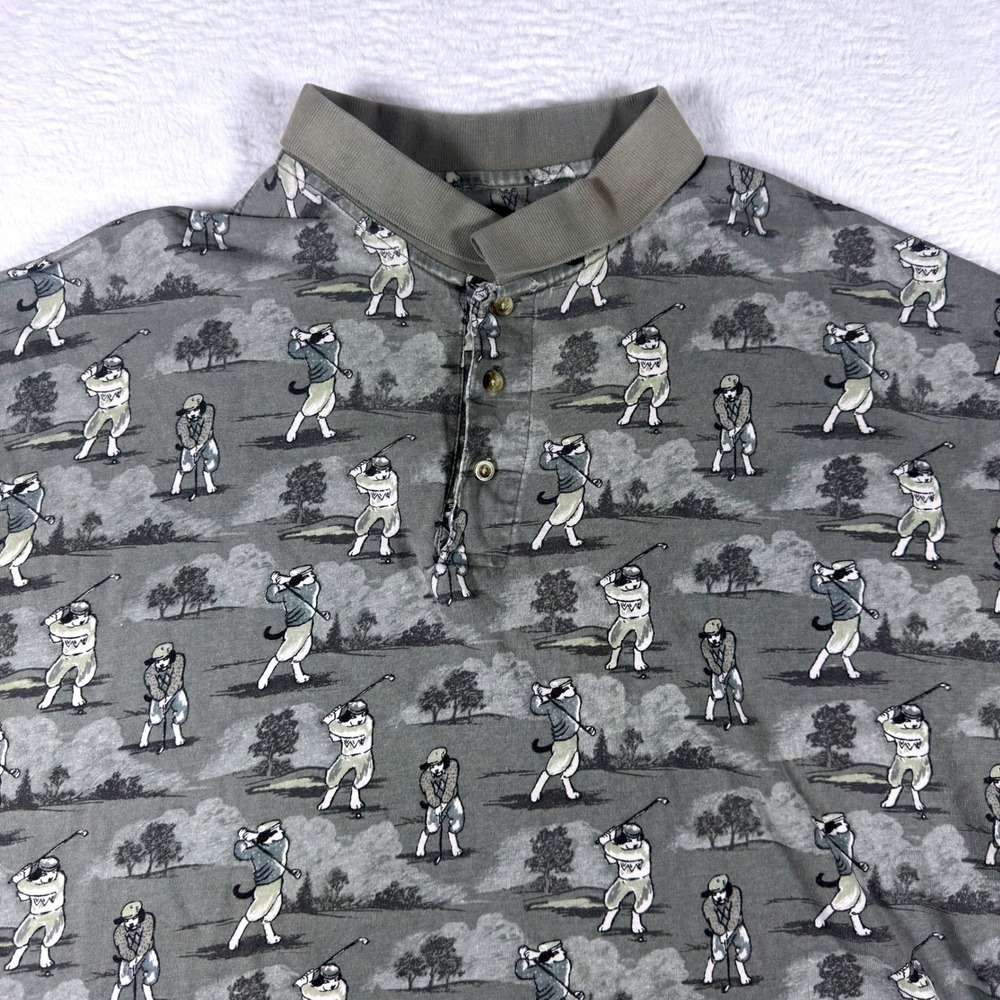 Big Dogs Golfing Dogs All Over Print Polo Shirt Mens 3XL Short Sleeve Cotton Y2K